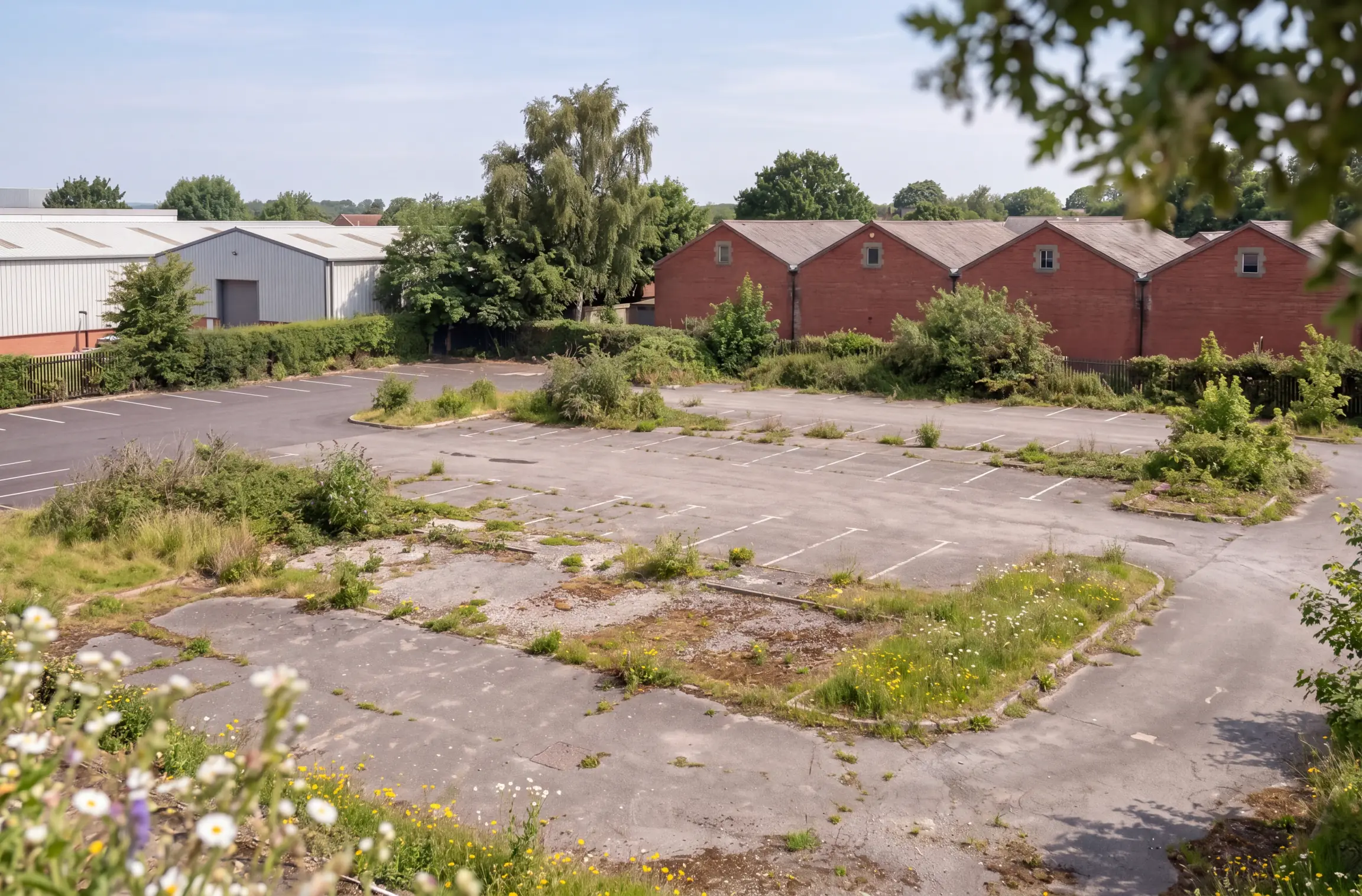 The same site before: an empty, overgrown car park with faded bay markings, weeds and wildflowers in the cracks, brick buildings and an industrial shed behind.