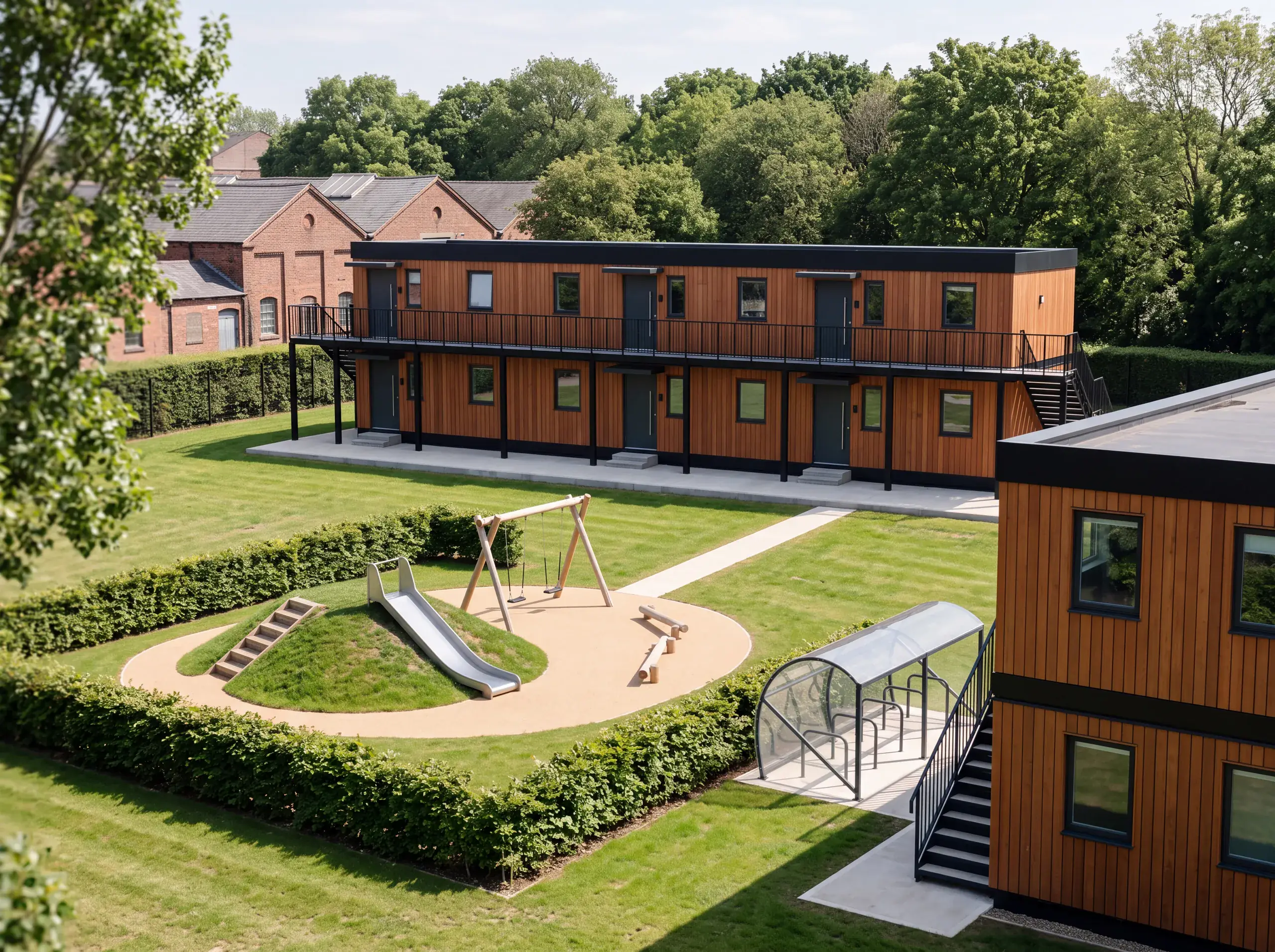 A two-storey block of timber-clad Meanwhile homes across a lawn, with a play area of a grassy mound with a slide and swings, a cycle shelter, and old brick buildings and trees behind.