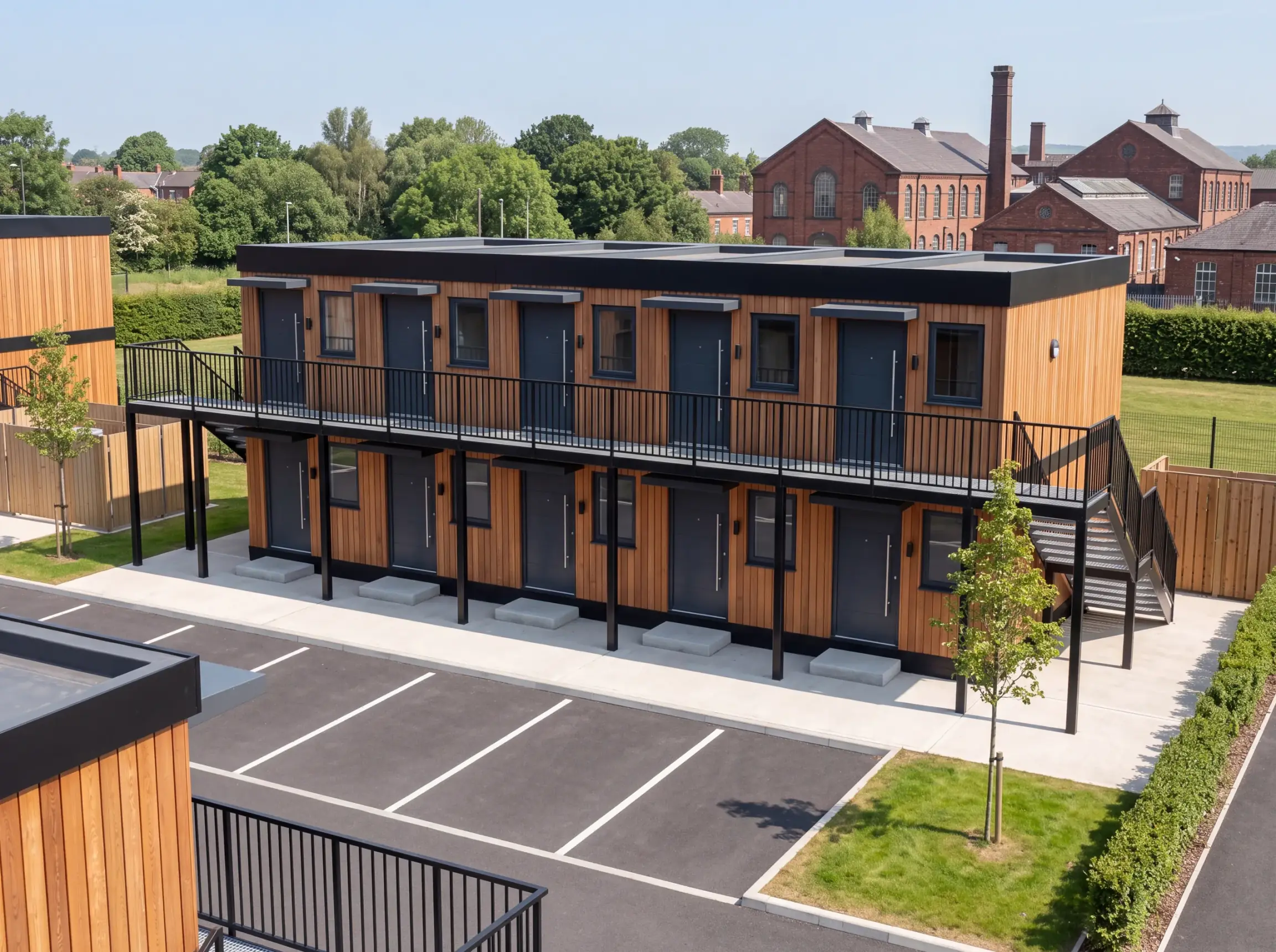 A two-storey block of timber-clad Meanwhile homes with dark front doors under small canopies, a steel access deck and stair, parking bays and young trees in front, and old red-brick mill buildings behind.